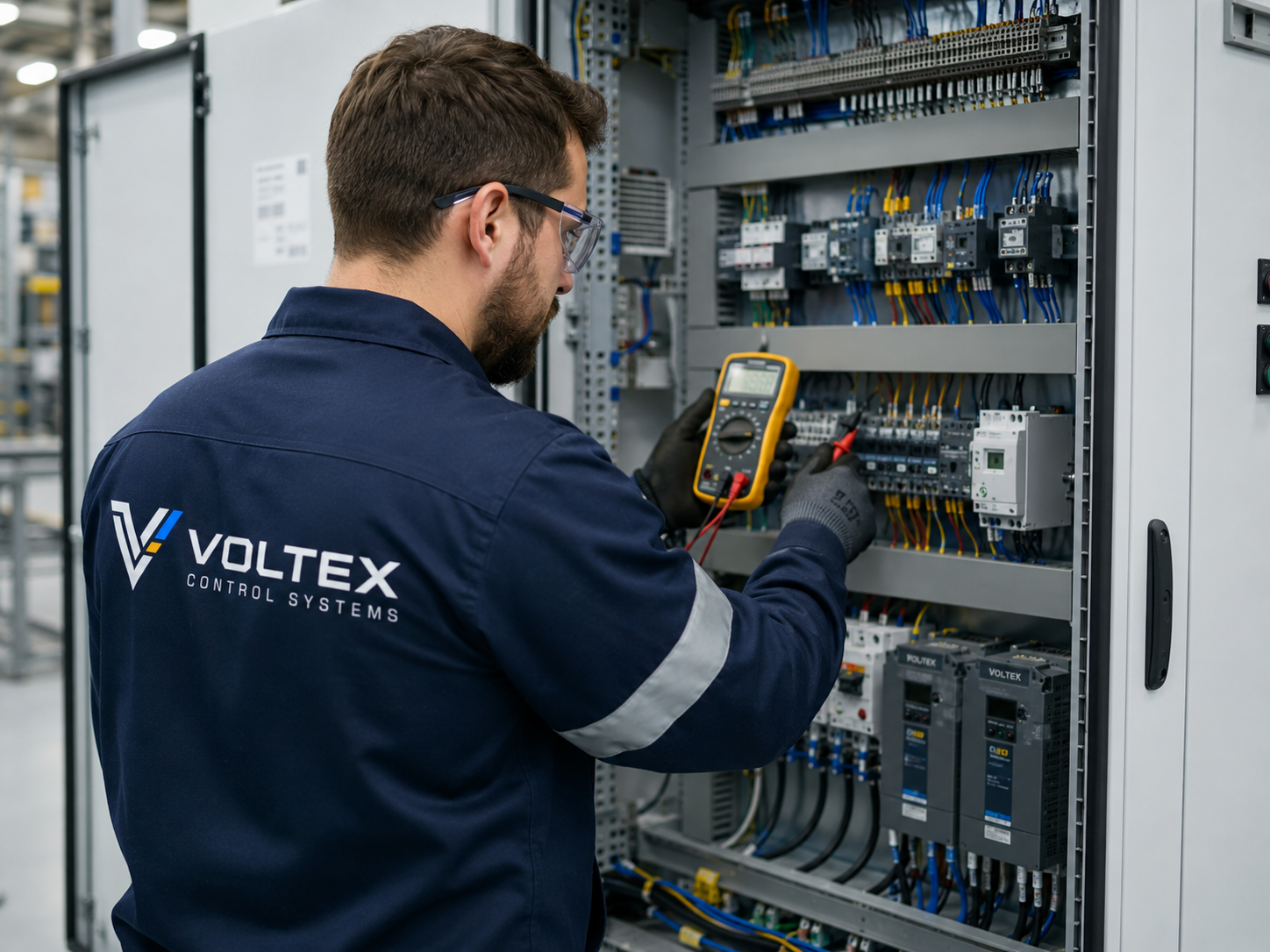טכנאי VOLTEX מבצע בדיקות חשמליות בלוח בקרה במהלך תהליך הייצור